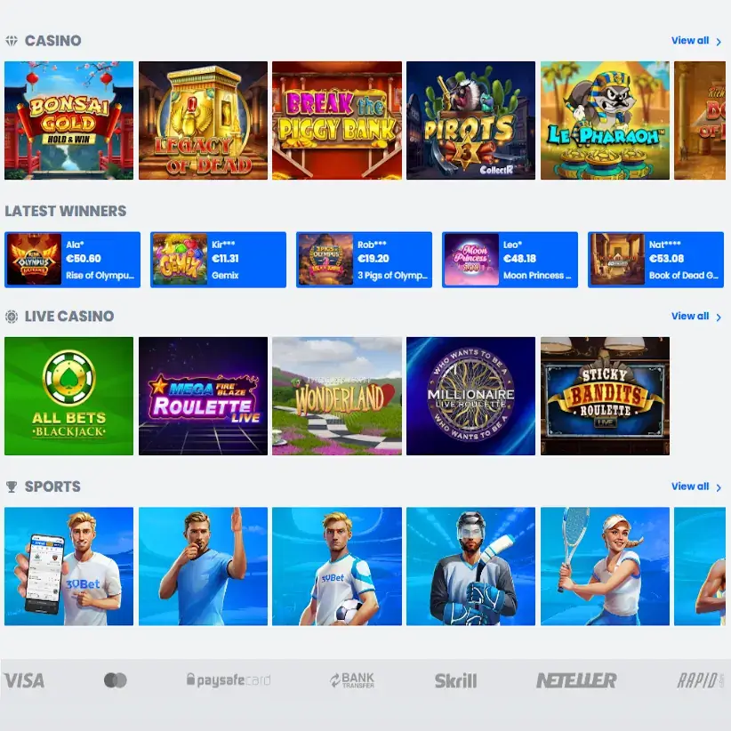 Startpagina van het 30bet online casino